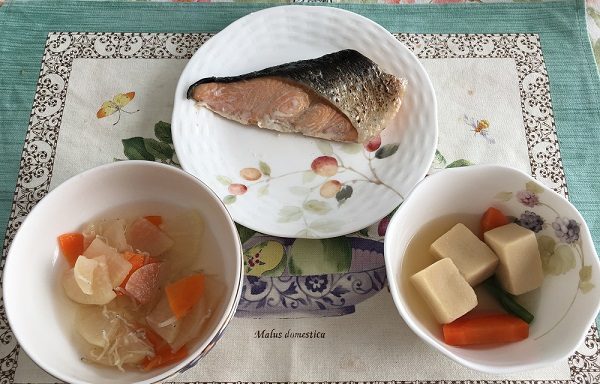 わんまいるの『旬の手作りおかずセット』鮭の塩焼き、高野豆腐の炊き合わせ、大根としらすの和え物